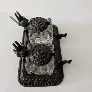 Antique- Tatum Dual Cast Iron Stand w/ Faceted Glass Ink well.